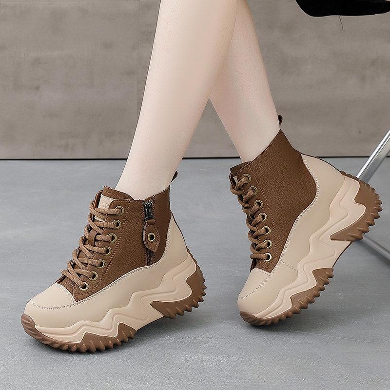 休闲厚底增高女鞋子真皮运动老爹鞋加绒高帮板鞋2025秋冬季新款潮