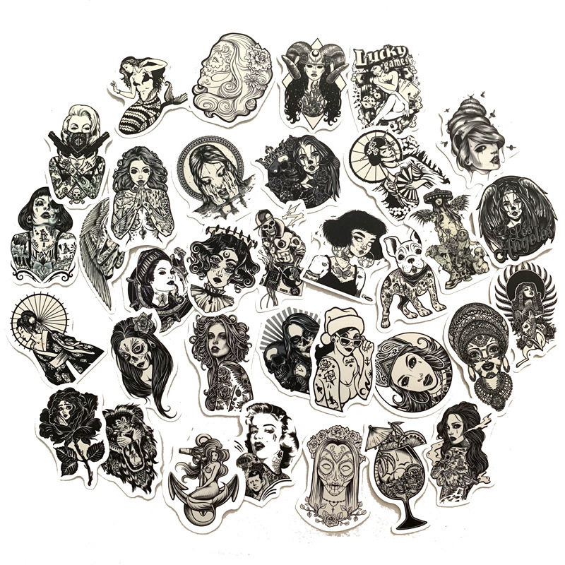 50张黑白纹身美女性感卡通贴画手机头盔笔记本电动车防水汽车贴纸