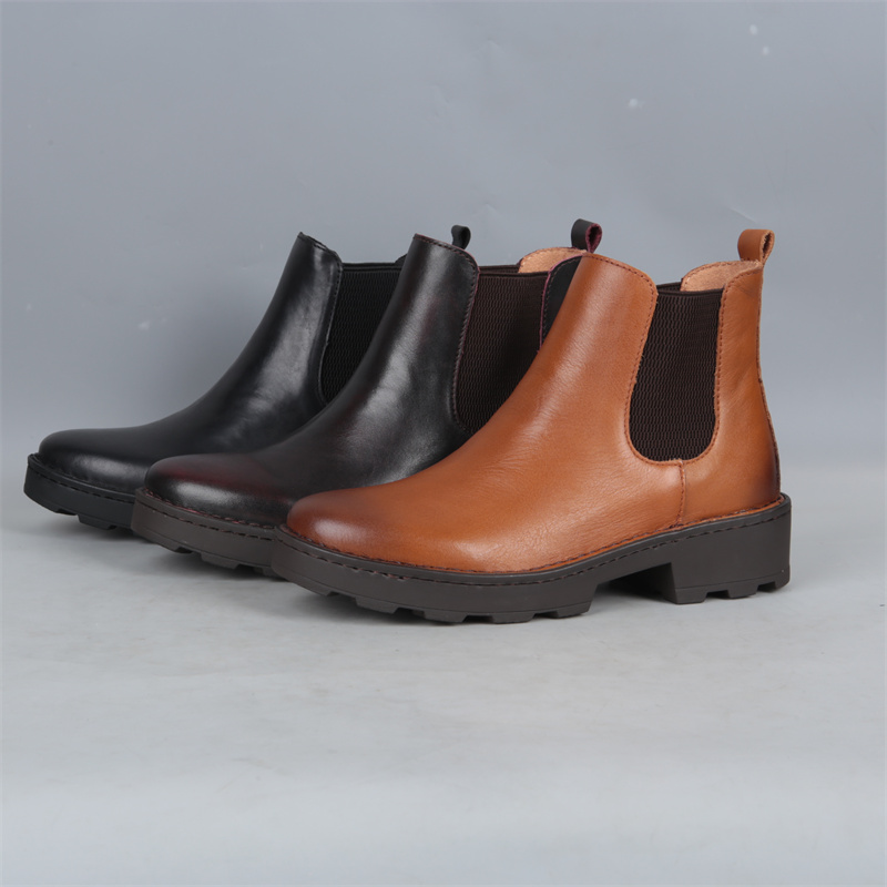 出口欧美秋冬新款厚底切尔西靴女牛皮套筒擦色复古柔软舒适烟筒靴