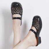 增高塑料防滑加厚中跟凉拖鞋 妈妈镂空韩版 纯色包头半拖鞋 女夏粗跟