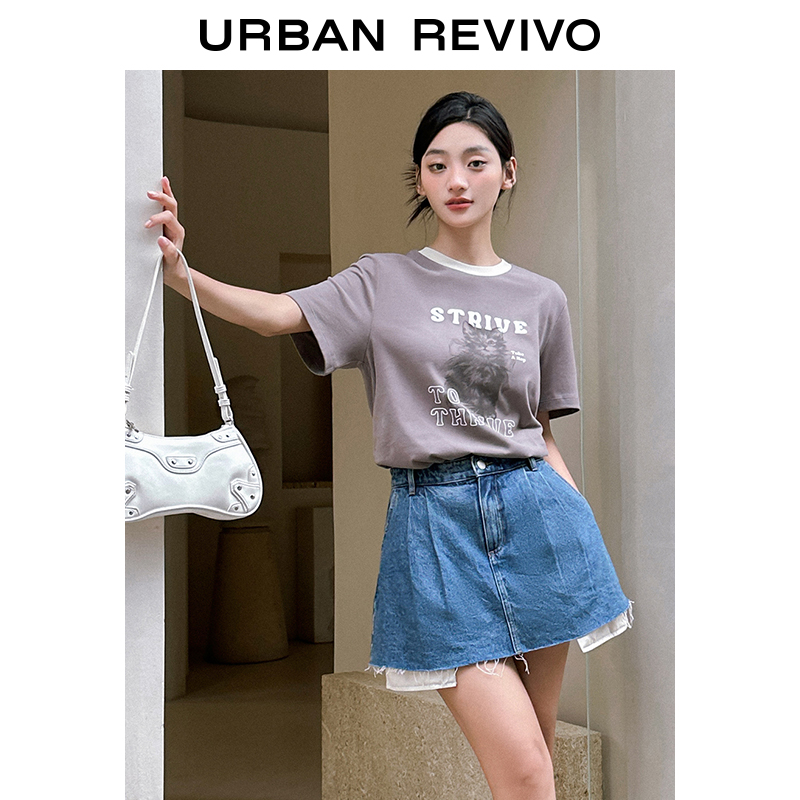 UR2023夏季新款女装美式复古风休闲撞色印花棉质套头T恤UWU432100