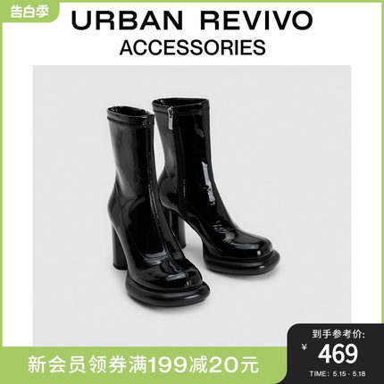 URBAN REVIVO新款女靴子漆皮弹力粗高跟短靴AW48TS2E2001