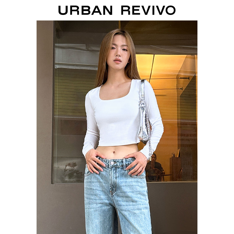 预售UR2023秋季女装时尚设计感上衣百搭修身短款长袖T恤UWB430007