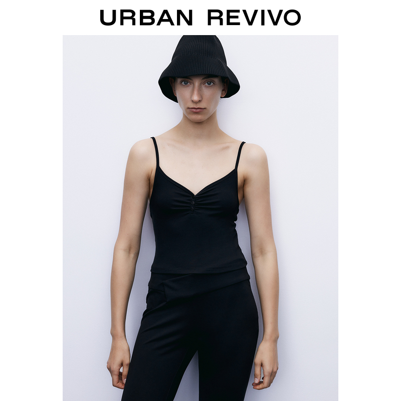 UR2023夏季女装时尚百搭坑纹捏褶V领紧身吊带背心UWB432016