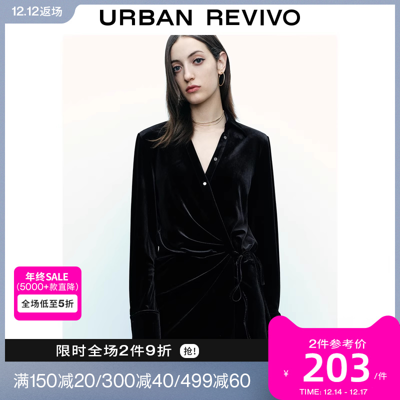 UR2023秋冬新款女休闲气质高阶丝绒系带长袖连衣裙UWG730078