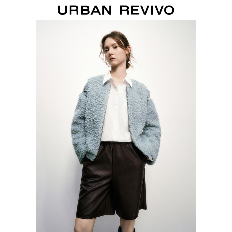 UR2023秋冬新款女装高街设计感拼接绑带毛绒感圆领外套UWL130057