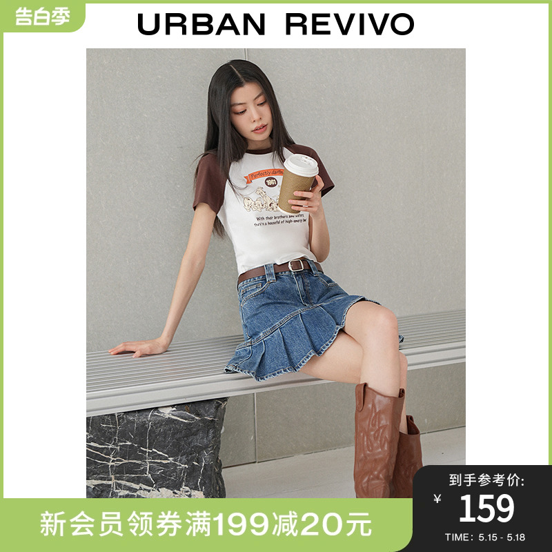 UR女装辣妹风牛仔百褶裙美式复古半身短裙UWV832070