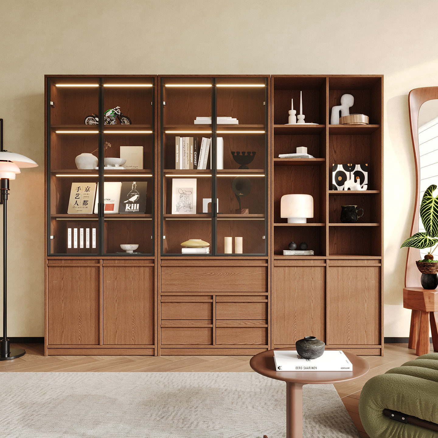 实木书柜储物柜一体带玻璃门客厅展示柜办公室自由组合文件柜书架