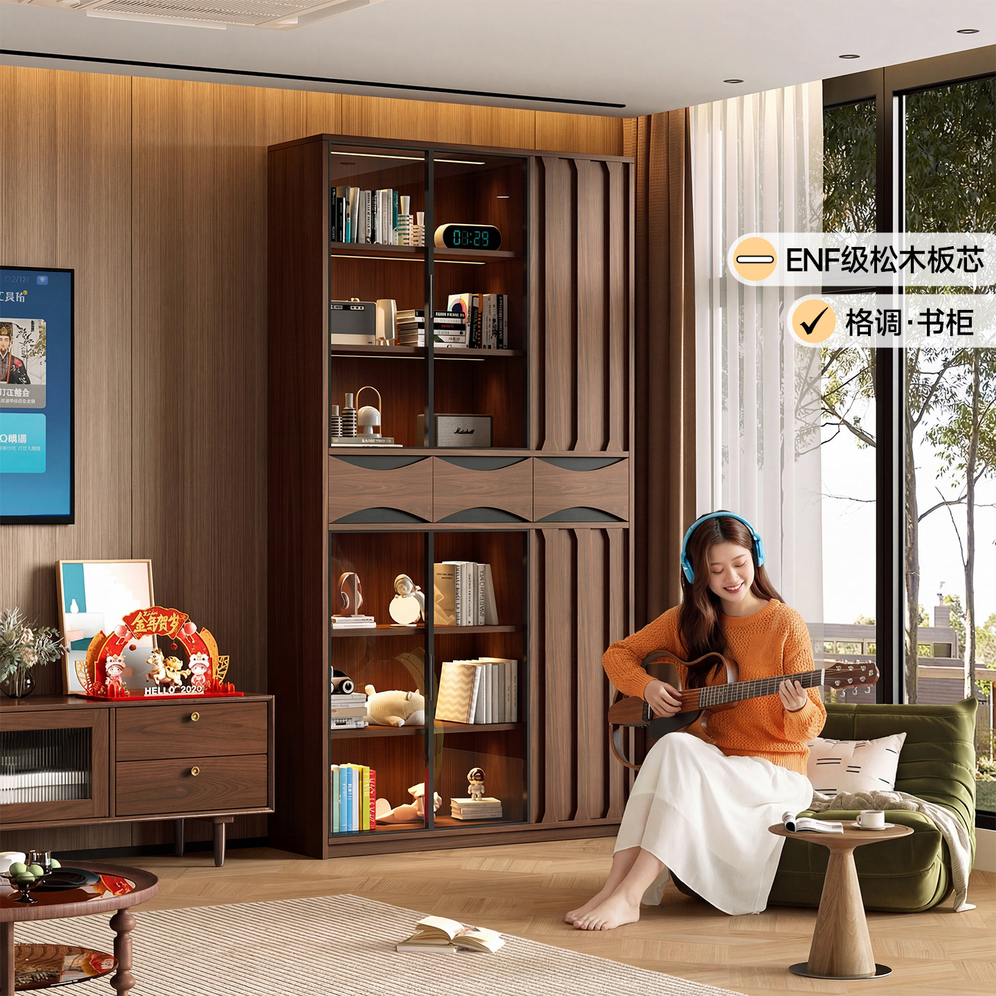 中古风新款书柜玻璃门展示柜客厅落地书橱家用轻奢储物柜子包安装