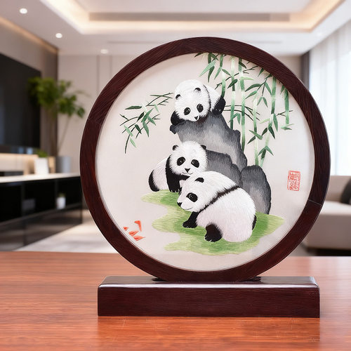蜀绣双面手工绣摆件熊猫屏风紫光檀成都纪念品送老外送领导可刻字