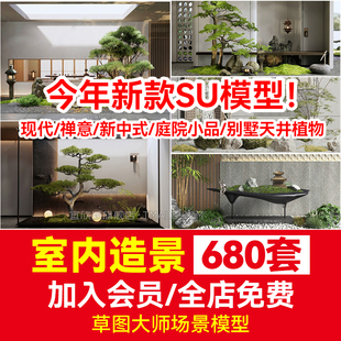 庭院小品别墅天井植物 室内造景SU模型草图大师现代禅意新中式 日式