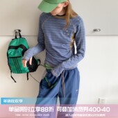 显瘦正肩长袖 square houlest户外休闲通勤拼接撞色条纹修身 T恤女