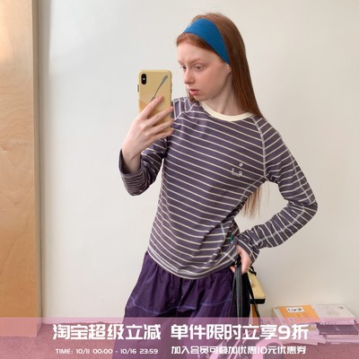 square houlest秋户外休闲运动拼色条纹哈苏线圆领印花长袖T恤女