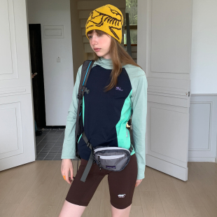 square houlest户外骑行连帽速干吸湿拼接透气印花防晒长袖外套女