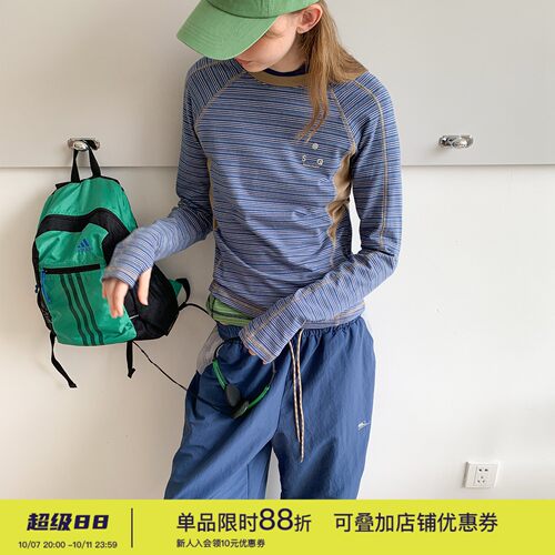 square houlest户外休闲通勤拼接撞色条纹修身显瘦正肩长袖T恤女