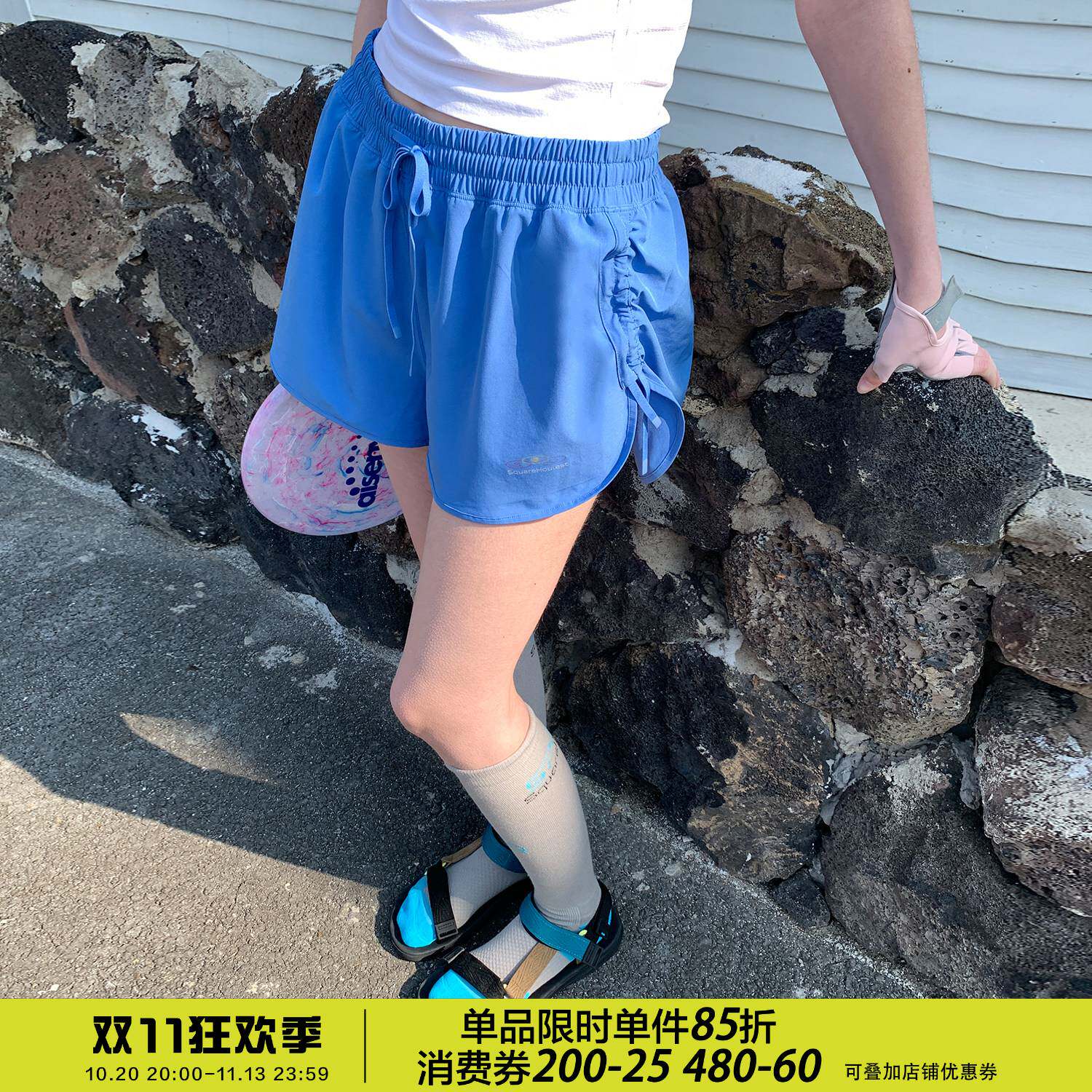square houlest运动跑步侧边抽褶假两件防走光抽绳速干健身短裤女