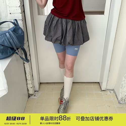 square houlest甜酷少女撞色格子小个子松紧花苞裙A字蓬蓬短裙女