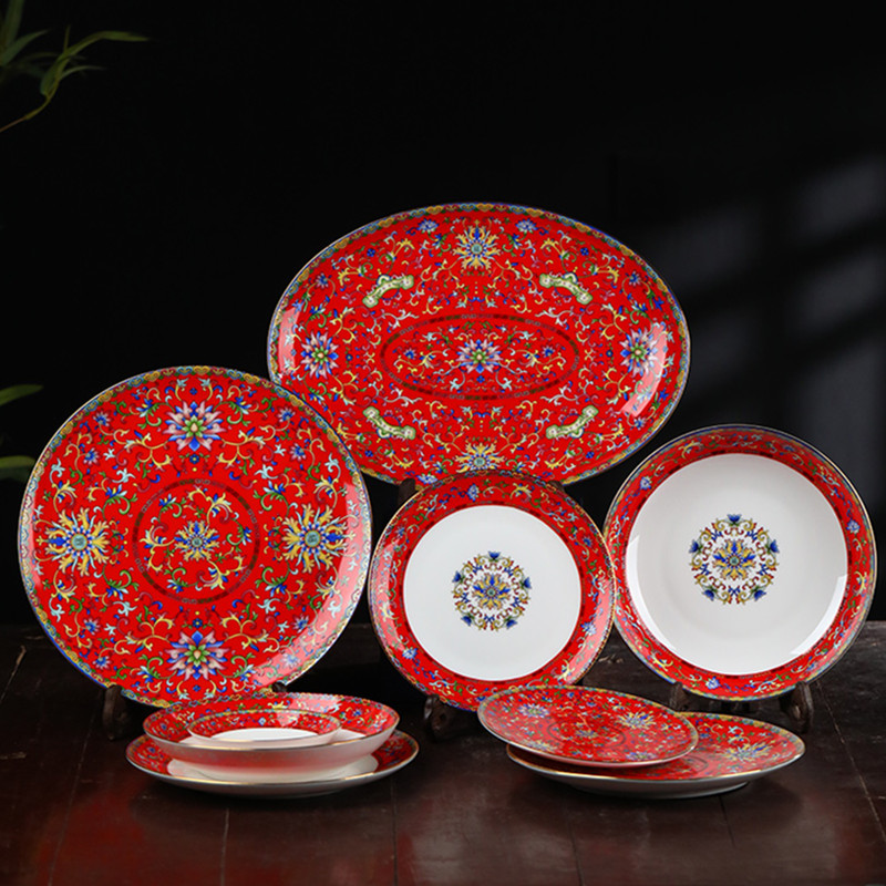 盘子家用中式风珐琅彩骨瓷平盘