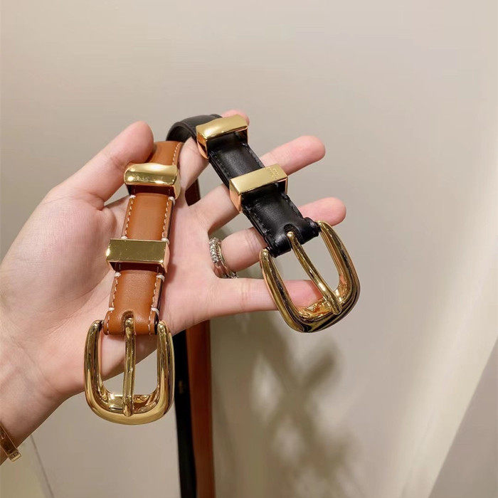 新品定制小众简约百搭细腰带女 头层牛皮皮带  黑金 复古棕色腰封