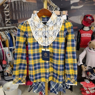 Eland kids 依恋儿童 女童格子蕾丝款 单排扣 纯棉 长袖衬衫