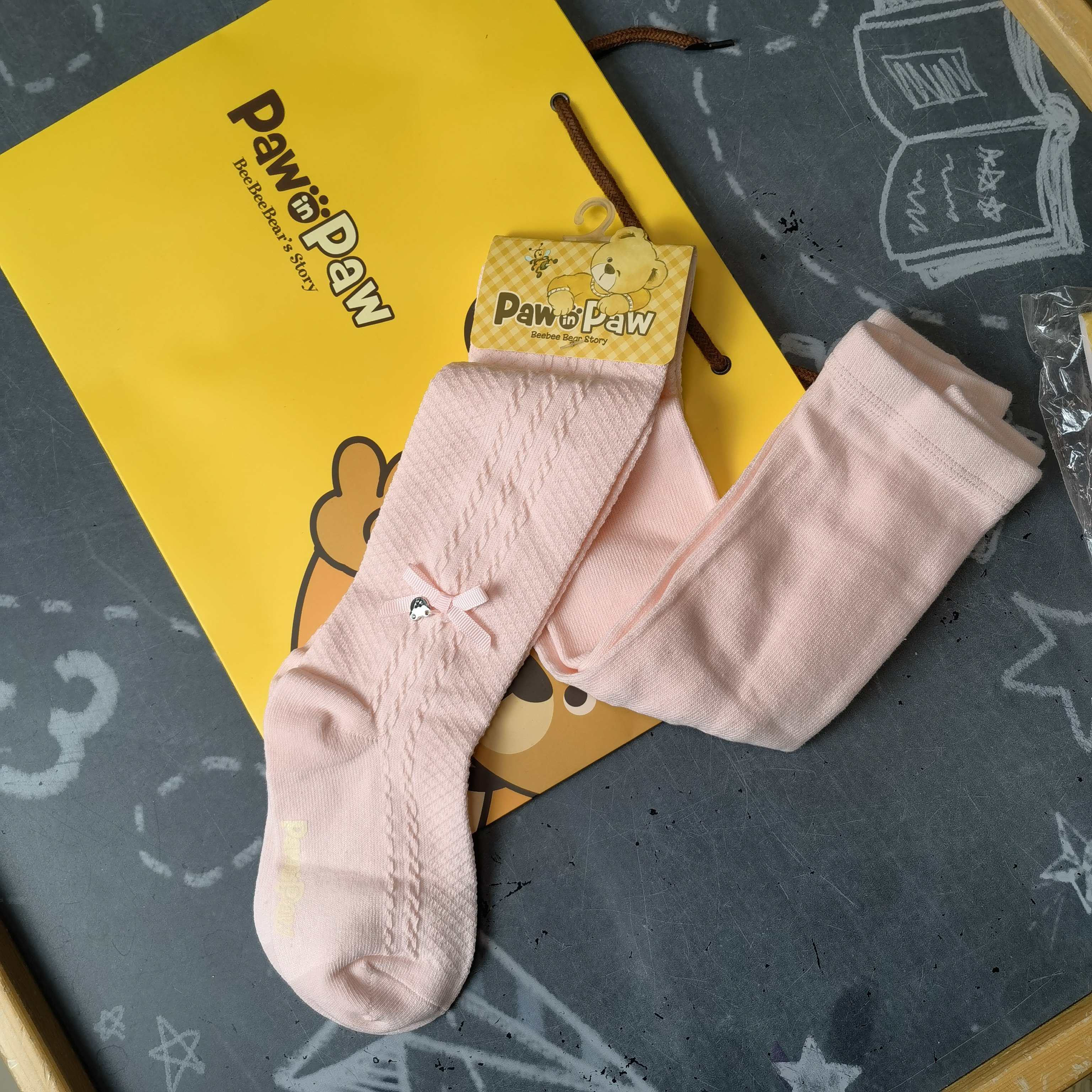 paw in paw/宝英宝儿童 袜子 女童春秋款 蝴蝶结暗花纹 连裤袜