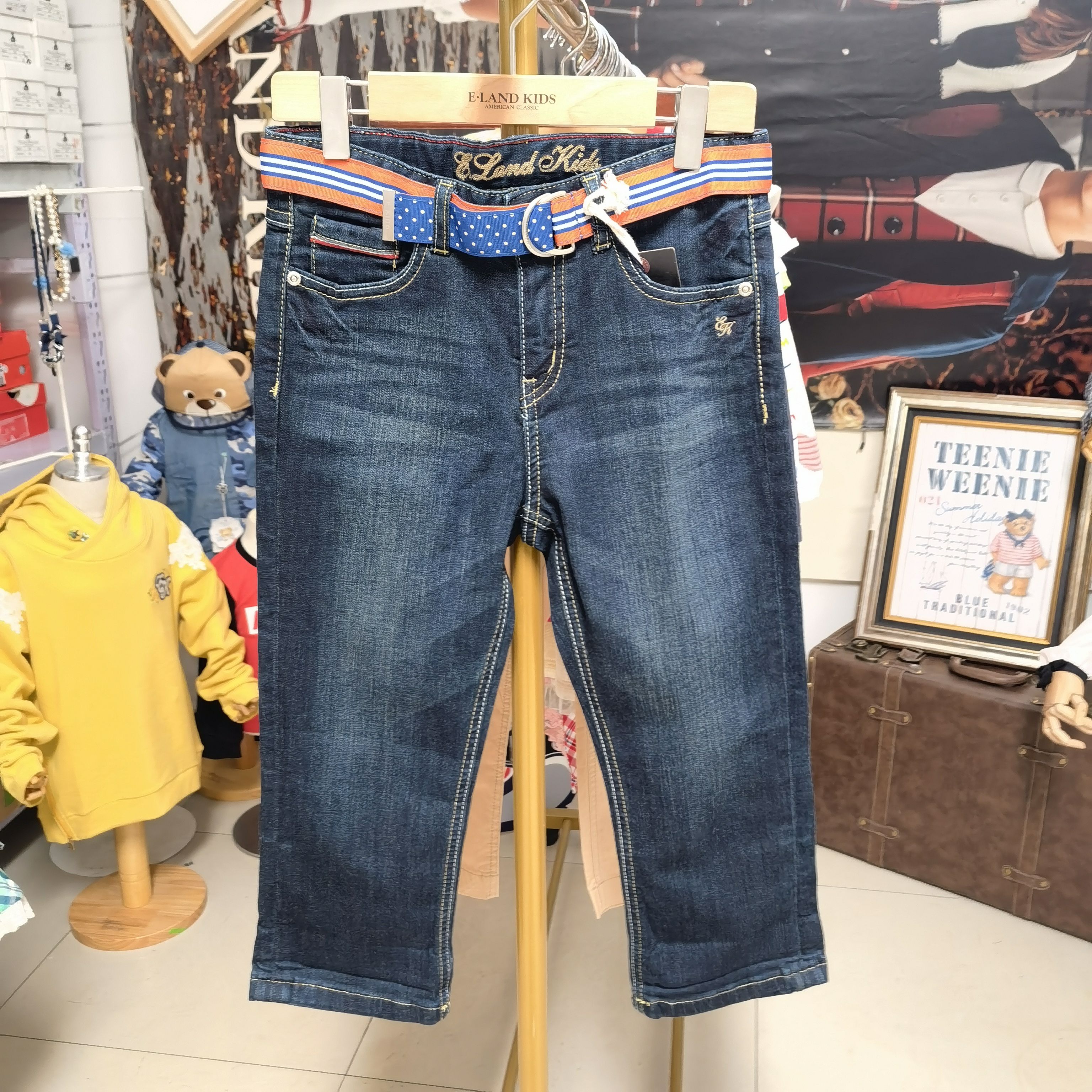 E.landkids 依恋儿童 男童夏款 微弹过膝牛仔 七分裤（送腰链）