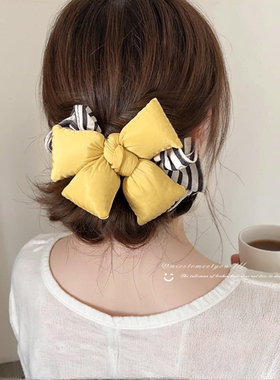 黄色充棉蝴蝶结发绳扎头发头绳条纹氛围感大肠发圈高弹力皮筋头饰