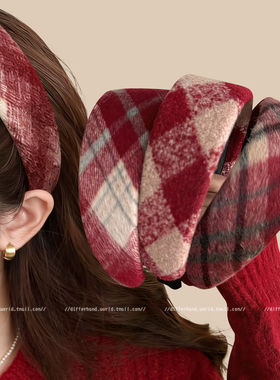 新年氛围感毛绒格纹红色宽边发箍女日常外戴压发发卡2026新款头箍