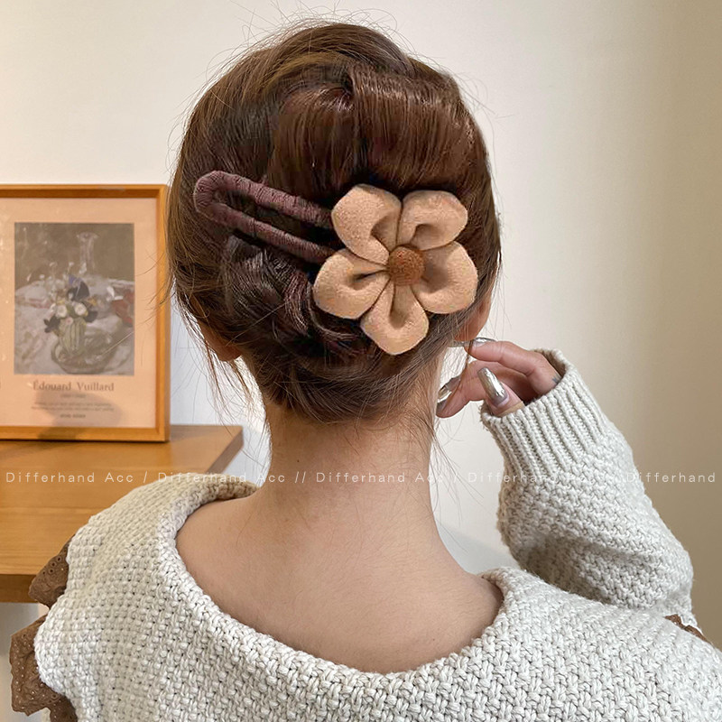 秋冬毛绒花朵发夹女高级感后脑勺头花一字夹抓夹高级感咖色鸭嘴夹