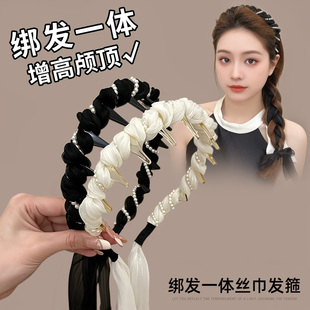 珍珠齿梳发箍飘带绑发一体丝巾新款编发头箍女蓬松高颅顶发卡头饰