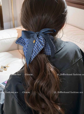 蓝色复古格纹大肠发圈女2025新款时尚牛仔蝴蝶结发绳韩系方巾发圈