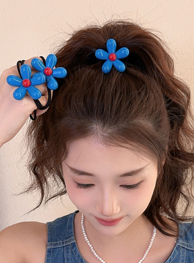 高马尾头绳女韩系蓝色花朵橡皮筋简约黑色高弹力发圈扎丸子头发绳