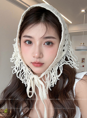 2025新款波西米亚民族风白色针织三角头巾女ins系带辣妹叠穿屁帘