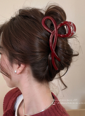 蝴蝶结抓夹女高端气质鲨鱼夹安克拉红色秋冬高级感大号后脑勺发夹