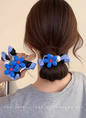 韩系蓝色小花发绳低丸子头小肠发圈气质条纹新皮筋发饰高颜值头绳