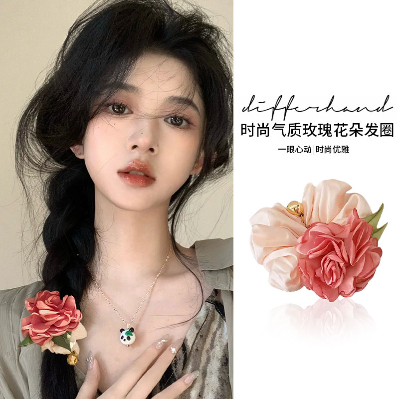 玫瑰花朵头饰大肠发圈女高级感