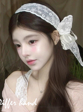 超仙白色蝴蝶结蕾丝飘带发箍女日常外戴宽边头箍增高颅顶发卡头饰