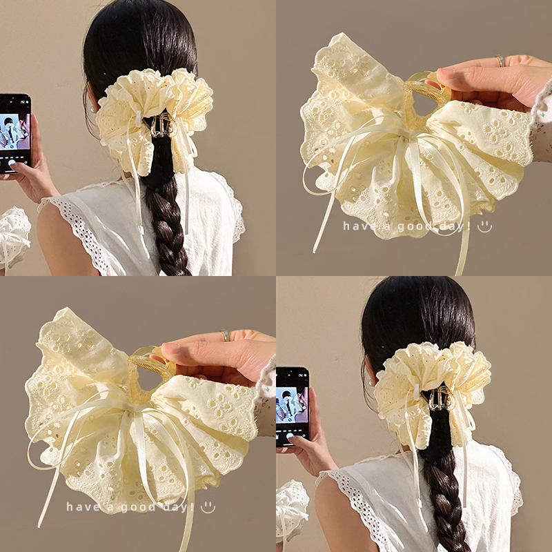 超大号蕾丝裙摆抓夹丝带蝴蝶结飘带发夹女甜美盘发鲨鱼夹花边头饰