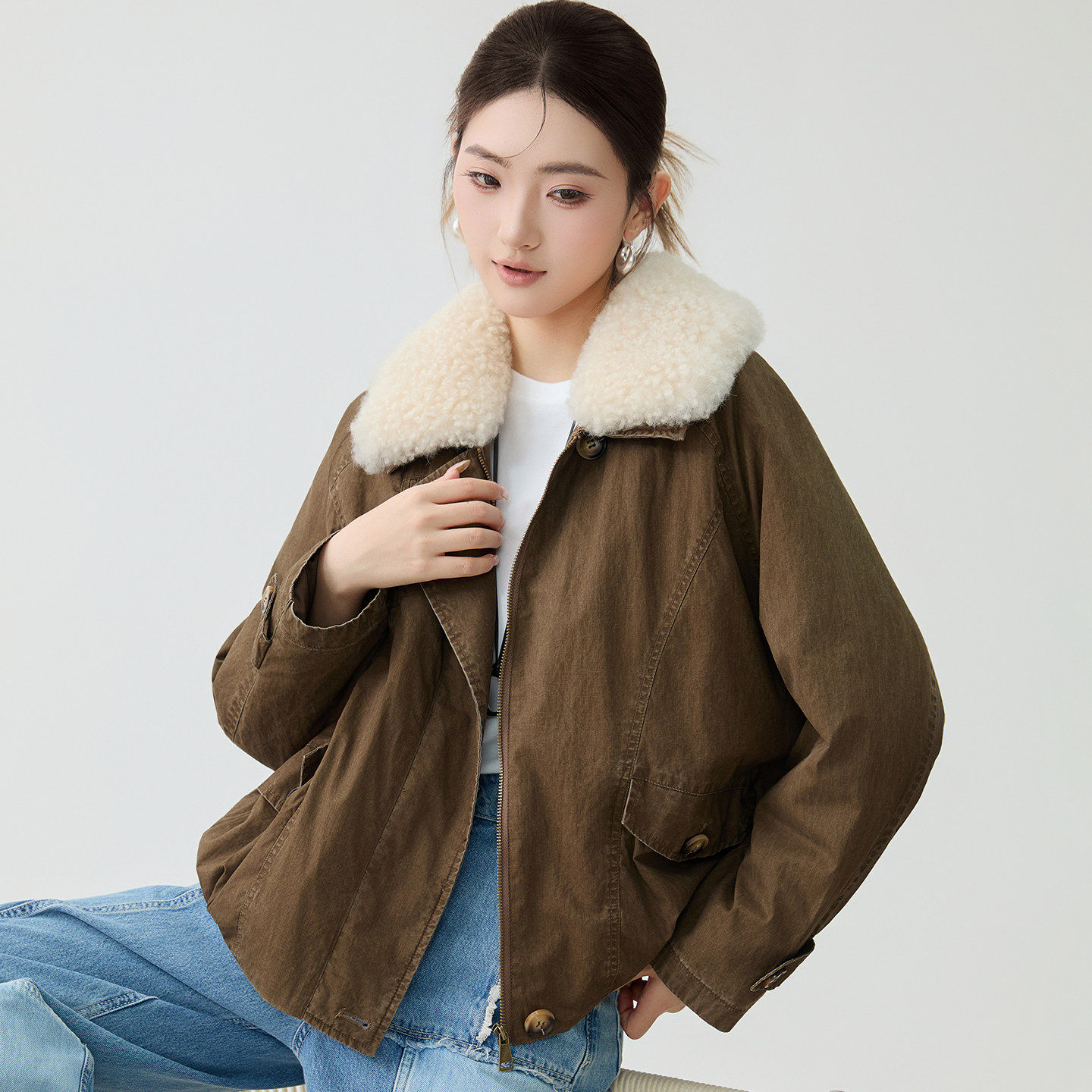 白鹅绒山羊绒皮草秋冬女大翻领