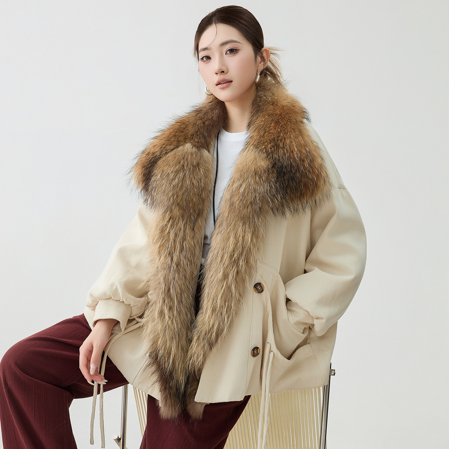 羽绒服女秋冬貉子毛大毛领白鹅绒