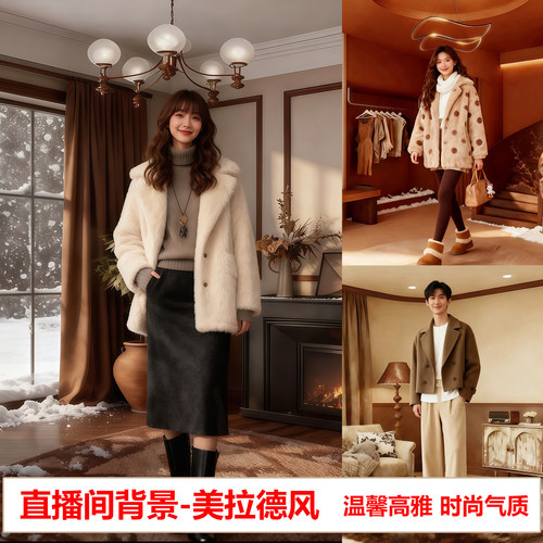 新款美拉德风格服饰轻者直播间背景墙3d立体高清高级感场景搭建布置装饰挂布主播带货网红抖音可定制背景布