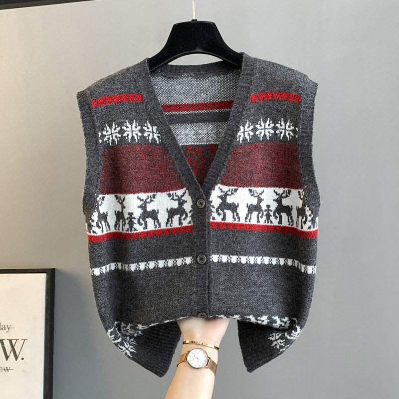 提花小鹿V领针织开衫马甲2026秋冬女装新款无袖毛衣叠穿背心马夹,女装/女士精品,马夹,淘宝优惠券,粉丝福利购,淘宝优惠卷