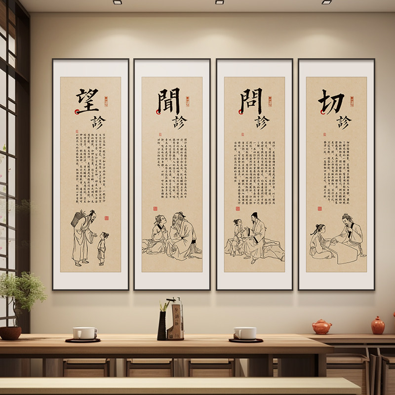 中医院诊室形象墙装饰画望闻问切养生推拿馆壁画中医门诊墙竖版画