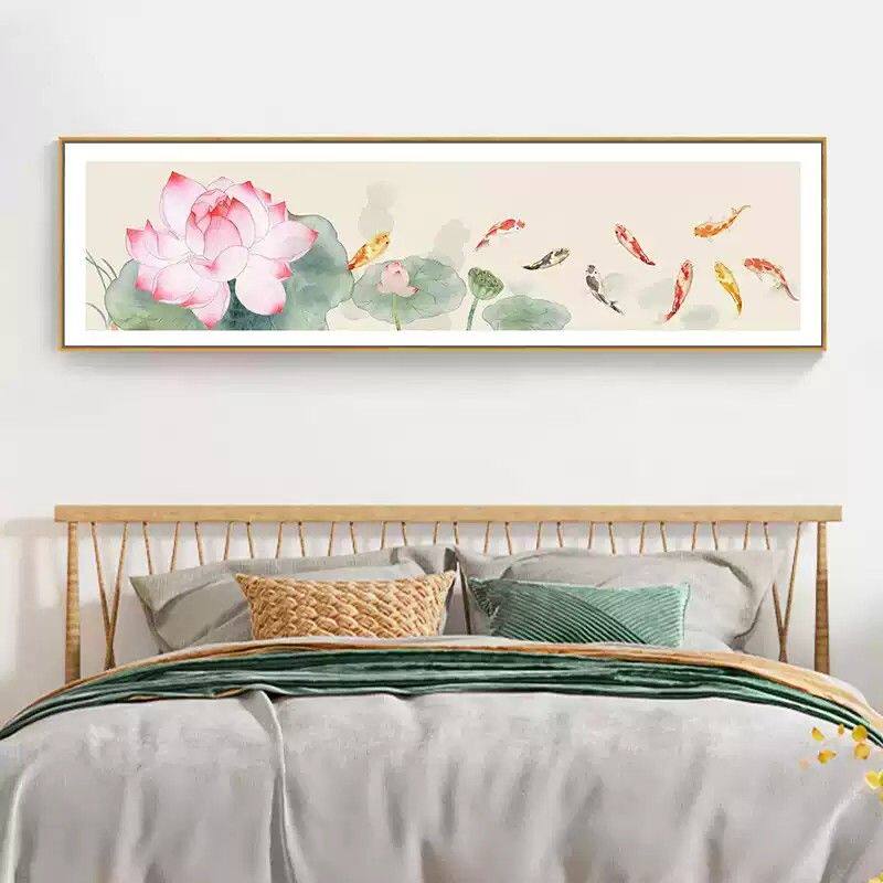 新中式卧室床头装饰画横版荷花九鱼图挂画客厅沙发背景墙禅意壁画
