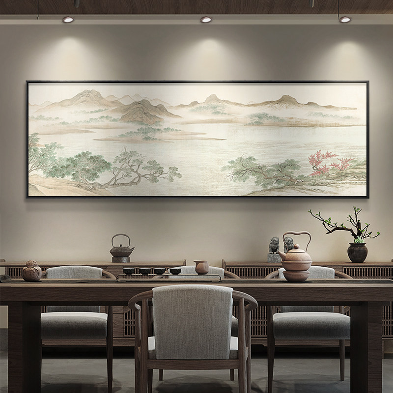 湖山春暖图客厅装饰画新中式沙发背景墙挂画茶室包间山水风景壁画