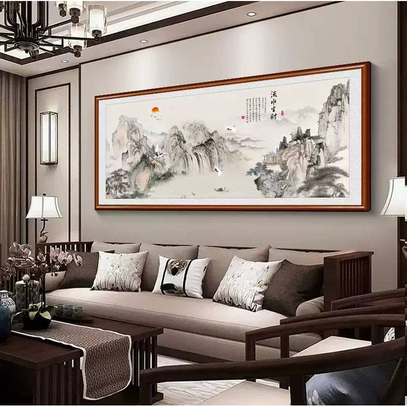 中堂山水画客厅茶室装饰画沙发背景墙挂画流水生财壁画中式国画