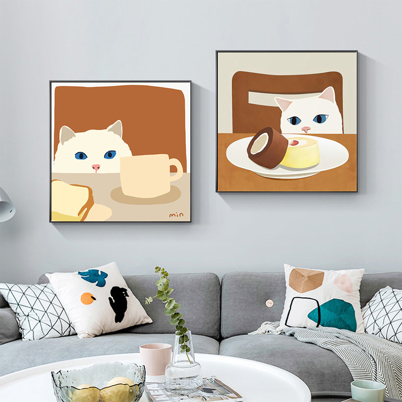 cat偷喝牛奶的猫咪客厅装饰画儿童房床头挂画餐厅壁画ins风小红书
