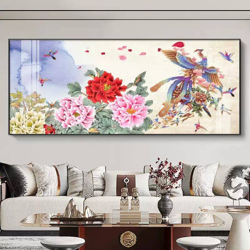 百鸟朝凤横幅装饰画花鸟祥和图客厅挂画新中式花开富贵沙发背景墙