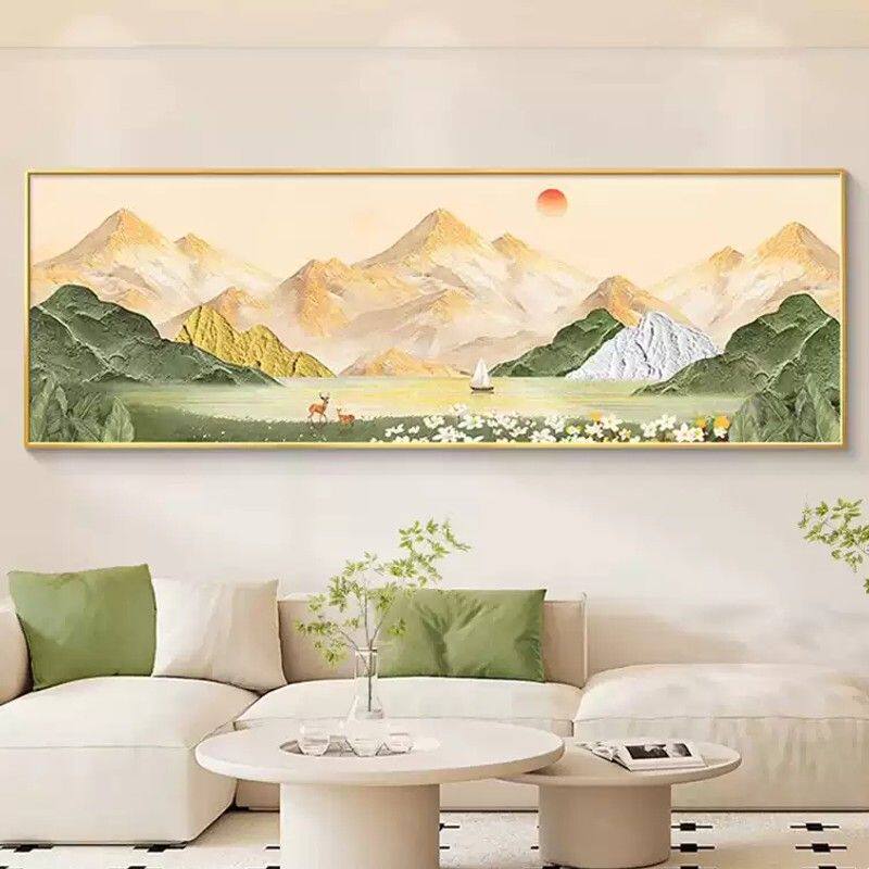 背景墙挂画沙发旭日东升日照靠山金山高级山水壁画装饰画客厅图感