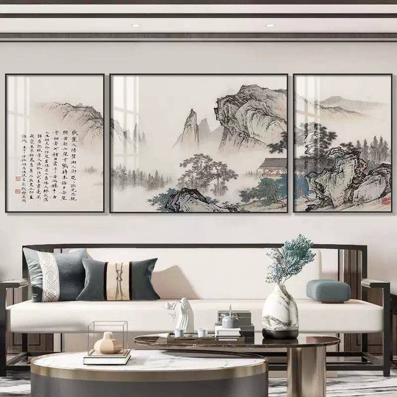 新中式装饰画三联画国画大气山水画新款客厅沙发背景墙画挂画壁画